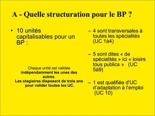 A - Quelle structuration pour le BP ? 10 unités capitalisables pour un BP :  4 sont transversales à toutes les spécialités  (UC 1à4) 5 sont dites « de spécialités » ici « loisirs tous publics »  (UC 5à9) 1 est qualifiée d’UC d’adaptation à l’emploi  (UC 10) Chaque unité est validée  indépendamment les unes des autres . Les stagiaires disposent de trois ans  pour valider toutes les UC. 