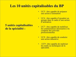5 unités capitalisables  de la spécialité : UC5 : être capable de préparer une action d’animation  UC6 : être capable d’encadrer un groupe dans le cadre d’une action d’animation  UC7 : être capable de mobiliser les connaissances nécessaires à la conduite des activités professionnelles  UC8 : être capable de conduire une action éducative   UC9 : être capable de maîtriser les outils ou techniques de la spécialité.   Les 10 unités capitalisables du BP    