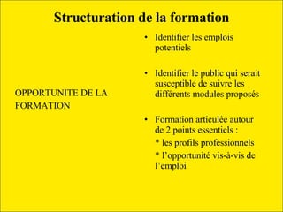 Structuration de la formation OPPORTUNITE DE LA  FORMATION Identifier les emplois potentiels  Identifier le public qui serait susceptible de suivre les différents modules proposés Formation articulée autour de 2 points essentiels : * les profils professionnels * l’opportunité vis-à-vis de l’emploi 