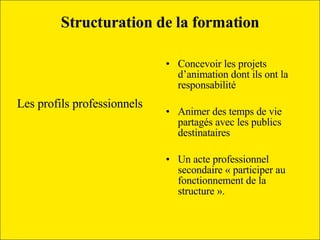 Les profils professionnels   Concevoir les projets d’animation dont ils ont la responsabilité Animer des temps de vie partagés avec les publics destinataires Un acte professionnel secondaire « participer au fonctionnement de la structure ».  Structuration de la formation 