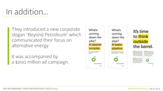 SVA. MPS BRANDING. THESIS PRESENTATION: CLASS OF 2013 BRITISH PETROLEUM July 23, 2013
They introduced a new corporate
slogan “Beyond Petroleum” which
communicated their focus on
alternative energy.
It was accompanied by
a $200 million ad campaign.
In addition...
 