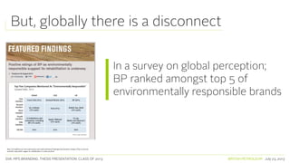 SVA. MPS BRANDING. THESIS PRESENTATION: CLASS OF 2013 BRITISH PETROLEUM July 23, 2013
But, globally there is a disconnect
In a survey on global perception;
BP ranked amongst top 5 of
environmentally responsible brands
http://www.globescan.com/commentary-and-analysis/featured-findings/entry/positive-ratings-of-bp-as-environ-
mentally-responsible-suggest-its-rehabilitation-is-underway.html
 