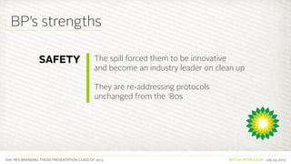 SVA. MPS BRANDING. THESIS PRESENTATION: CLASS OF 2013 BRITISH PETROLEUM July 23, 2013
The spill forced them to be innovative
and become an industry leader on clean up
They are re-addressing protocols
unchanged from the ‘80s
BP’s strengths
SAFETY
 