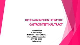 DRUGABSORPTIONFROM THE
GASTROINTESTINAL TRACT
1
 