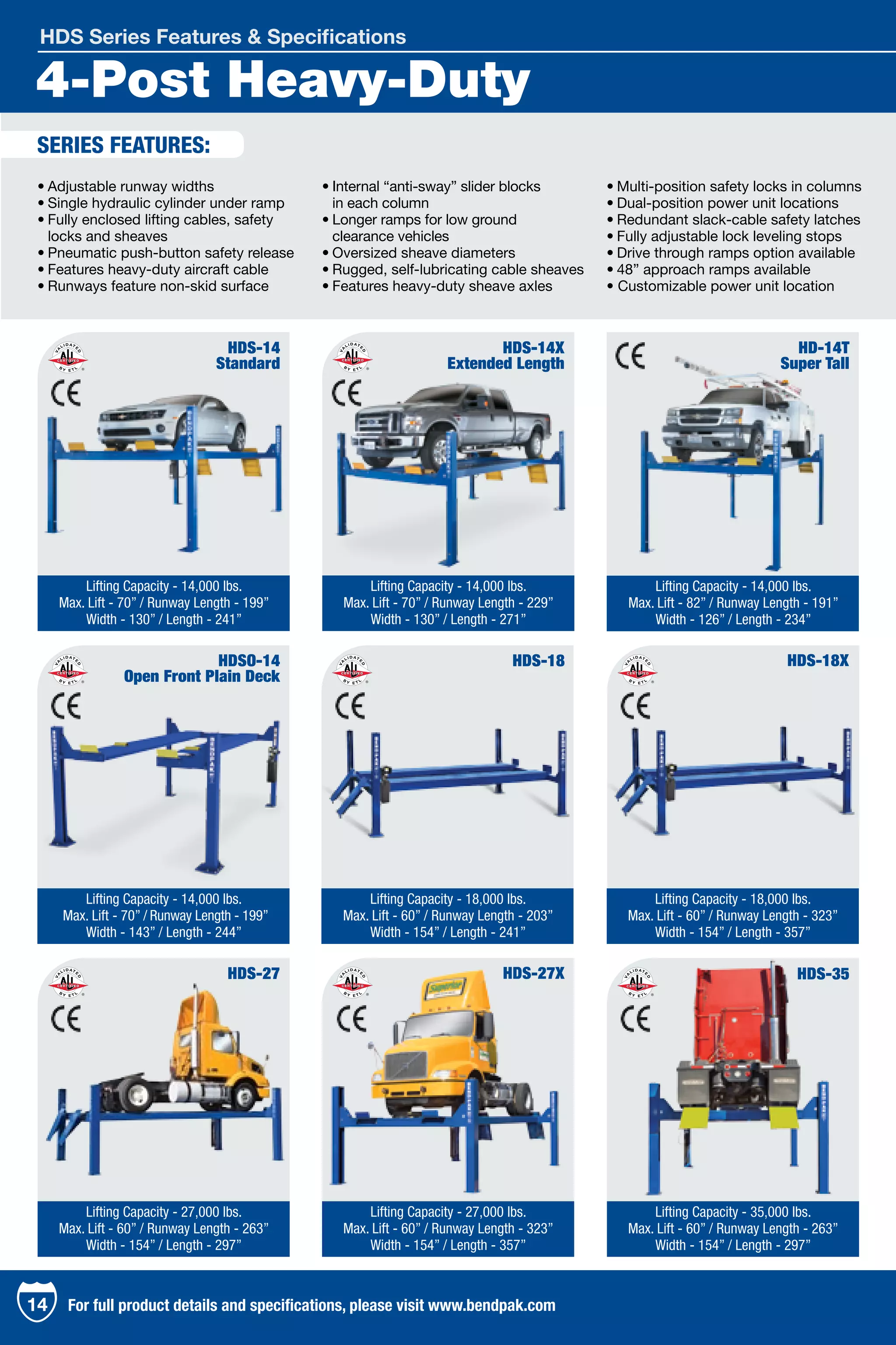 4-Post Heavy-Duty
HDS Series Features & Specifications
•	Adjustable runway widths
•	Single hydraulic cylinder under ramp
•	Fully enclosed lifting cables, safety	
	 locks and sheaves
•	Pneumatic push-button safety release
•	Features heavy-duty aircraft cable
•	Runways feature non-skid surface
•	Internal “anti-sway” slider blocks
	 in each column
•	Longer ramps for low ground 	
	 clearance vehicles
•	Oversized sheave diameters
•	Rugged, self-lubricating cable sheaves
•	Features heavy-duty sheave axles
•	Multi-position safety locks in columns
•	Dual-position power unit locations
•	Redundant slack-cable safety latches
•	Fully adjustable lock leveling stops
•	Drive through ramps option available
•	48” approach ramps available
• Customizable power unit location
HD-14T
Super Tall
Lifting Capacity - 14,000 lbs.
Max. Lift - 82” / Runway Length - 191”
Width - 126” / Length - 234”
HDS-14
Standard
Lifting Capacity - 14,000 lbs.
Max. Lift - 70” / Runway Length - 199”
Width - 130” / Length - 241”
HDS-14X
Extended Length
Lifting Capacity - 14,000 lbs.
Max. Lift - 70” / Runway Length - 229”
Width - 130” / Length - 271”
HDS-18
Lifting Capacity - 18,000 lbs.
Max. Lift - 60” / Runway Length - 203”
Width - 154” / Length - 241”
HDS-27
Lifting Capacity - 27,000 lbs.
Max. Lift - 60” / Runway Length - 263”
Width - 154” / Length - 297”
HDS-27X
Lifting Capacity - 27,000 lbs.
Max. Lift - 60” / Runway Length - 323”
Width - 154” / Length - 357”
HDS-35
Lifting Capacity - 35,000 lbs.
Max. Lift - 60” / Runway Length - 263”
Width - 154” / Length - 297”
SERIES FEATURES:
HDSO-14
Open Front Plain Deck
Lifting Capacity - 14,000 lbs.
Max. Lift - 70” / Runway Length - 199”
Width - 143” / Length - 244”
HDS-18X
Lifting Capacity - 18,000 lbs.
Max. Lift - 60” / Runway Length - 323”
Width - 154” / Length - 357”
14 For full product details and specifications, please visit www.bendpak.com
 