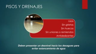 PISOS Y DRENAJES
Deben presentar un desnivel hacia los desagues para
evitar estancamiento de agua
Lisos
Sin grietas
Sin huecos
Sin uniones o remiendos
Antideslizantes
 