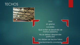 TECHOS
Lisos
sin grietas
Lavables
Que eviten el desarrollo de
mohos (asbesto)
No se deben desprender
partículas
No deben ser techos falsos
Mantenimiento constante
 