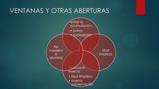 VENTANAS Y OTRAS ABERTURAS
evitar la
acumulación
• polvo
• suciedades
fácil
limpieza
malla anti-
insecto
• fácil limpieza
• buena
conservación
No
madera
Si
aluminio
 