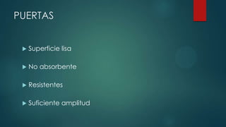 PUERTAS
 Superficie lisa
 No absorbente
 Resistentes
 Suficiente amplitud
 