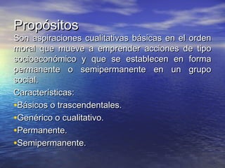 PropósitosPropósitos
Son aspiraciones cualitativas básicas en el ordenSon aspiraciones cualitativas básicas en el orden
moral que mueve a emprender acciones de tipomoral que mueve a emprender acciones de tipo
socioeconómico y que se establecen en formasocioeconómico y que se establecen en forma
permanente o semipermanente en un grupopermanente o semipermanente en un grupo
social.social.
Características:Características:
•Básicos o trascendentales.Básicos o trascendentales.
•Genérico o cualitativo.Genérico o cualitativo.
•Permanente.Permanente.
•Semipermanente.Semipermanente.
 