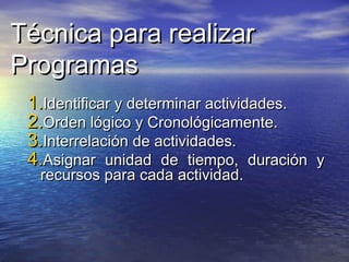 Técnica para realizarTécnica para realizar
ProgramasProgramas
1.1.Identificar y determinar actividades.Identificar y determinar actividades.
2.2.Orden lógico y Cronológicamente.Orden lógico y Cronológicamente.
3.3.Interrelación de actividades.Interrelación de actividades.
4.4.Asignar unidad de tiempo, duración yAsignar unidad de tiempo, duración y
recursos para cada actividad.recursos para cada actividad.
 