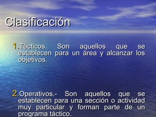 ClasificaciónClasificación
1.1.Tácticos. Son aquellos que seTácticos. Son aquellos que se
establecen para un área y alcanzar losestablecen para un área y alcanzar los
objetivos.objetivos.
2.2.Operativos.- Son aquellos que seOperativos.- Son aquellos que se
establecen para una sección o actividadestablecen para una sección o actividad
muy particular y forman parte de unmuy particular y forman parte de un
programa táctico.programa táctico.
 