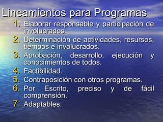 Lineamientos para ProgramasLineamientos para Programas
1.1. Elaborar responsable y participación deElaborar responsable y participación de
involucrados.involucrados.
2.2. Determinación de actividades, resursos,Determinación de actividades, resursos,
tiempos e involucrados.tiempos e involucrados.
3.3. Aprobación, desarrollo, ejecución yAprobación, desarrollo, ejecución y
conocimientos de todos.conocimientos de todos.
4.4. Factibilidad.Factibilidad.
5.5. Contraposición con otros programas.Contraposición con otros programas.
6.6. Por Escrito, preciso y de fácilPor Escrito, preciso y de fácil
comprensión.comprensión.
7.7. Adaptables.Adaptables.
 