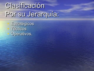 ClasificaciónClasificación
Por su Jerarquía:Por su Jerarquía:
• EstratégicosEstratégicos
• TácticosTácticos
• Operativos.Operativos.
 