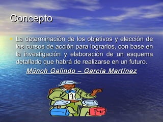 ConceptoConcepto
• La determinación de los objetivos y elección deLa determinación de los objetivos y elección de
los cursos de acción para lograrlos, con base enlos cursos de acción para lograrlos, con base en
la investigación y elaboración de un esquemala investigación y elaboración de un esquema
detallado que habrá de realizarse en un futuro.detallado que habrá de realizarse en un futuro.
Münch Galindo – García MartínezMünch Galindo – García Martínez
 