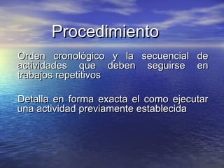 ProcedimientoProcedimiento
Orden cronológico y la secuencial deOrden cronológico y la secuencial de
actividades que deben seguirse enactividades que deben seguirse en
trabajos repetitivostrabajos repetitivos
Detalla en forma exacta el como ejecutarDetalla en forma exacta el como ejecutar
una actividad previamente establecidauna actividad previamente establecida
 