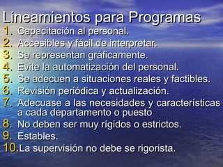 Lineamientos para ProgramasLineamientos para Programas
1.1. Capacitación al personal.Capacitación al personal.
2.2. Accesibles y fácil de interpretar.Accesibles y fácil de interpretar.
3.3. Se representan gráficamente.Se representan gráficamente.
4.4. Evite la automatización del personal.Evite la automatización del personal.
5.5. Se adecuen a situaciones reales y factibles.Se adecuen a situaciones reales y factibles.
6.6. Revisión periódica y actualización.Revisión periódica y actualización.
7.7. Adecuase a las necesidades y característicasAdecuase a las necesidades y características
a cada departamento o puestoa cada departamento o puesto
8.8. No deben ser muy rígidos o estrictos.No deben ser muy rígidos o estrictos.
9.9. Estables.Estables.
10.10.La supervisión no debe se rigorista.La supervisión no debe se rigorista.
 
