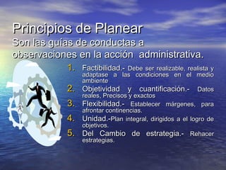 Principios de PlanearPrincipios de Planear
Son las guías de conductas aSon las guías de conductas a
observaciones en la acción administrativa.observaciones en la acción administrativa.
1.1. Factibilidad.-Factibilidad.- Debe ser realizable, realista yDebe ser realizable, realista y
adaptase a las condiciones en el medioadaptase a las condiciones en el medio
ambienteambiente
2.2. Objetividad y cuantificación.-Objetividad y cuantificación.- DatosDatos
reales, Precisos y exactosreales, Precisos y exactos
3.3. Flexibilidad.-Flexibilidad.- Establecer márgenes, paraEstablecer márgenes, para
afrontar continencias.afrontar continencias.
4.4. Unidad.-Unidad.-Plan integral, dirigidos a el logro dePlan integral, dirigidos a el logro de
objetivos.objetivos.
5.5. Del Cambio de estrategia.-Del Cambio de estrategia.- RehacerRehacer
estrategias.estrategias.
 