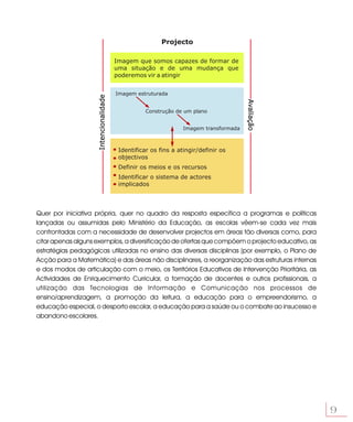 Projecto

                                        Imagem que somos capazes de formar de
                                        uma situação e de uma mudança que
                                        poderemos vir a atingir


                                        Imagem estruturada
                     Intencionalidade




                                                                                       Avaliação
                                                   Construção de um plano


                                                                 Imagem transformada



                                         Identificar os fins a atingir/definir os
                                         objectivos
                                         Definir os meios e os recursos
                                         Identificar o sistema de actores
                                         implicados




Quer por iniciativa própria, quer no quadro da resposta específica a programas e políticas
lançadas ou assumidas pelo Ministério da Educação, as escolas vêem-se cada vez mais
confrontadas com a necessidade de desenvolver projectos em áreas tão diversas como, para
citar apenas alguns exemplos, a diversificação de ofertas que compõem o projecto educativo, as
estratégias pedagógicas utilizadas no ensino das diversas disciplinas (por exemplo, o Plano de
Acção para a Matemática) e das áreas não disciplinares, a reorganização das estruturas internas
e dos modos de articulação com o meio, os Territórios Educativos de Intervenção Prioritária, as
Actividades de Enriquecimento Curricular, a formação de docentes e outros profissionais, a
utilização das Tecnologias de Informação e Comunicação nos processos de
ensino/aprendizagem, a promoção da leitura, a educação para o empreendorismo, a
educação especial, o desporto escolar, a educação para a saúde ou o combate ao insucesso e
abandono escolares.




                                                                                                   9
 