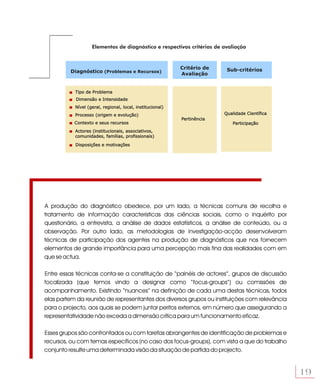 Elementos de diagnóstico e respectivos critérios de avaliação


                                                           Critério de    Sub-critérios
         Diagnóstico (Problemas e Recursos)                Avaliação


           Tipo de Problema
           Dimensão e Intensidade
           Nível (geral, regional, local, institucional)
           Processo (origem e evolução)                                  Qualidade Científica
                                                           Pertinência
           Contexto e seus recursos                                         Participação
           Actores (institucionais, associativos,
           comunidades, famílias, profissionais)

           Disposições e motivações




A produção do diagnóstico obedece, por um lado, a técnicas comuns de recolha e
tratamento de informação características das ciências sociais, como o inquérito por
questionário, a entrevista, a análise de dados estatísticos, a análise de conteúdo, ou a
observação. Por outro lado, as metodologias de investigação-acção desenvolveram
técnicas de participação dos agentes na produção de diagnósticos que nos fornecem
elementos de grande importância para uma percepção mais fina das realidades com em
que se actua.

Entre essas técnicas conta-se a constituição de “painéis de actores”, grupos de discussão
focalizada (que temos vindo a designar como “focus-groups”) ou comissões de
acompanhamento. Existindo “nuances” na definição de cada uma destas técnicas, todos
elas partem da reunião de representantes dos diversos grupos ou instituições com relevância
para o projecto, aos quais se podem juntar peritos externos, em número que assegurando a
representatividade não exceda a dimensão crítica para um funcionamento eficaz.

Esses grupos são confrontados ou com tarefas abrangentes de identificação de problemas e
recursos, ou com temas específicos (no caso dos focus-groups), com vista a que do trabalho
conjunto resulte uma determinada visão da situação de partida do projecto.


                                                                                                19
 
