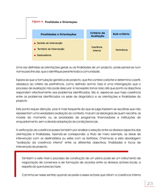 Figura 4. Finalidades e Orientações



                                                        Critério de      Sub-critério
                   Finalidades e Orientações
                                                        Avaliação

               Sentido de Intervenção
                                                         Coerência
                Território de Intervenção                                  Pertinência
                                                          Interna

               Destinatários




Uma vez definidas as orientações gerais ou as finalidades de um projecto, pode pensar-se num
nome para lhe dar, que o identifique perante toda a comunidade.

Espera-se que a formulação genérica do projecto, que lhe confere carácter e determina o perfil,
obedeça ao critério da pertinência, como definido acima. Essa é uma interrogação que o
processo de avaliação não pode descurar: é necessário tornar claro até que ponto os objectivos
respondem efectivamente aos problemas identificados. Isto é, espera-se que haja coerência
entre os problemas identificados na sede de diagnóstico e as orientações e finalidades do
projecto.

Este ponto requer atenção, pois é mais frequente do que se julga fazerem-se escolhas que não
representam uma verdadeira avaliação do contexto, mas sim as ideologias de quem escolhe, as
modas do momento ou as prioridades de programas financiadores e instituições de
enquadramento, sem a devida adaptação às condições locais.

A verificação da coerência passa também por analisar a relação entre os diversos aspectos das
orientações e finalidades, fazendo-se corresponder, a título de mero exemplo, as áreas de
intervenção com os destinatários ou estes com os territórios. Chama-se a esta abordagem
“avaliação da coerência interna” entre os diferentes objectivos, finalidades e focos de
intervenção do projecto.


    Também a este nível o processo de construção de um plano pode ser um instrumento de
    negociação de consensos e de formação de acordos entre os diversos actores locais, a
    respeito do que é preciso fazer.

    Caminha-se nesse sentido quando se pede a esses actores que afiram a coerência interna


                                                                                                  23
 
