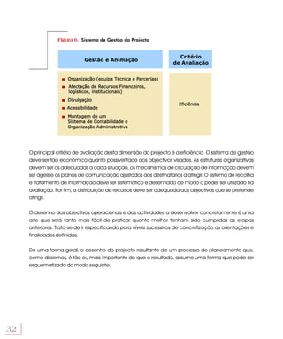Figura 6. Sistema de Gestão do Projecto


                                                                     Critério
                             Gestão e Animação
                                                                   de Avaliação


                     Organização (equipa Técnica e Parcerias)
                      Afectação de Recursos Financeiros,
                      logísticos, institucionais)
                     Divulgação
                                                                     Eficiência
                     Acessibilidade
                     Montagem de um
                     Sistema de Contabilidade e
                     Organização Administrativa




     O principal critério de avaliação desta dimensão do projecto é a eficiência. O sistema de gestão
     deve ser tão económico quanto possível face aos objectivos visados. As estruturas organizativas
     devem ser as adequadas a cada situação, os mecanismos de circulação de informação devem
     ser ágeis e os planos de comunicação ajustados aos destinatários a atingir. O sistema de recolha
     e tratamento de informação deve ser sistemático e desenhado de modo a poder ser utilizado na
     avaliação. Por fim, a distribuição de recursos deve ser adequada aos objectivos que se pretende
     atingir.

     O desenho dos objectivos operacionais e das actividades a desenvolver concretamente é uma
     arte que será tanto mais fácil de praticar quanto melhor tenham sido cumpridas as etapas
     anteriores. Trata-se de ir especificando para níveis sucessivos de concretização as orientações e
     finalidades definidas.

     De uma forma geral, o desenho do projecto resultante de um processo de planeamento que,
     como dissemos, é tão ou mais importante do que o resultado, assume uma forma que pode ser
     esquematizada do modo seguinte:




32
 