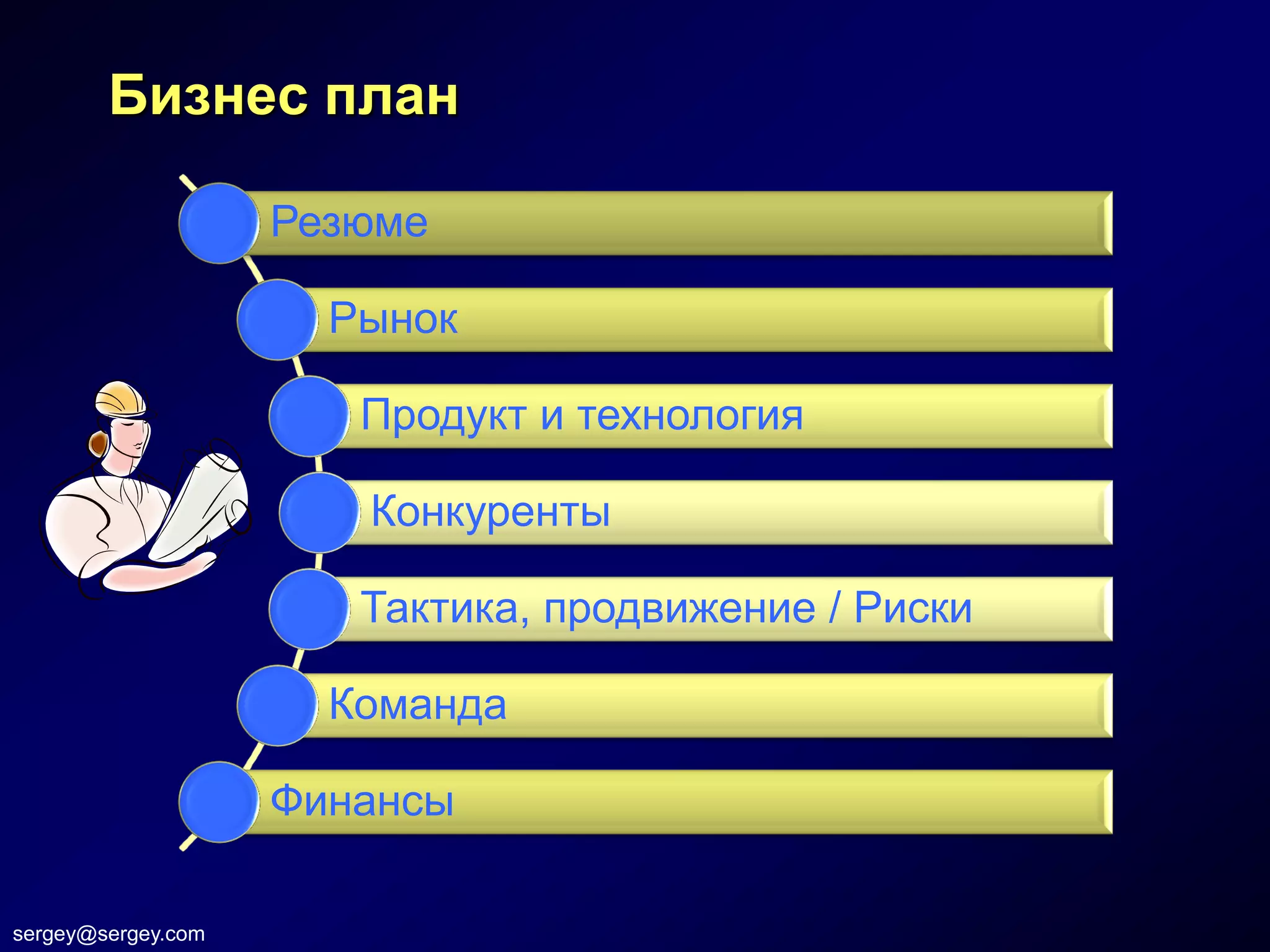 Бизнес план

                    Резюме

                      Рынок

                       Продукт и технология

                       Конкуренты

                       Тактика, продвижение / Риски

                      Команда

                    Финансы

sergey@sergey.com
 