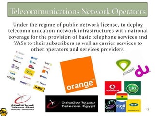 Under the regime of public network license, to deploy
telecommunication network infrastructures with national
coverage for the provision of basic telephone services and
   VASs to their subscribers as well as carrier services to
          other operators and services providers.




                                                          15
 