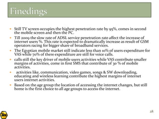  Still TV screen occupies the highest penetration rate by 95%, comes in second
    the mobile screen and then the PC.
   Till 2009 the slow rate of ADSL service penetration rate affect the increase of
    internet users %. This rate is expected to dramatically increase as result of GSM
    operators racing for bigger share of broadband services.
   The Egyptian mobile market still indicate less than 10% of users expenditure for
    VAS while 70% of there expenditure are still for voice calls.
   calls still the key driver of mobile users activities while VAS contribute smaller
    margins of activities, come in first SMS that contribute of 30 % of mobile
    activities.
    activities like, communication, video games, songs & SW downloading,
    educating and wireless learning contribute the highest margins of internet
    users internet activities.
   Based on the age group the location of accessing the internet changes, but still
    home is the first choice to all age groups to access the internet.




                                                                                     28
 