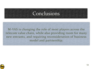 M-VAS is changing the role of most players across the
telecom value chain, while also providing room for many
new entrants, and requiring reconsideration of business
                model and partnership.




                                                      54
 