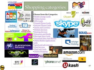 •Choose from the Categories
• Mobile Charge Cards
• Online Games
•»DSL Cards
• Prepaid Phone Cards
• Internet Phone Cards
• Stocks and Currency
• Website Services
• Hosting Services
• Education and Books
• Marriage Sites Cards
• Download Sites And Movies
• SMS& Mobile Applications
Cards
• Speed and safe internet
• Chat Services
• OneCard Cards
• Online Shopping




                              56
 
