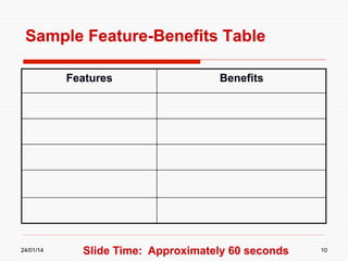 Sample Feature-Benefits Table
Features

24/01/14

Benefits

Slide Time: Approximately 60 seconds

10

 