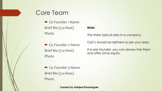 Core Team
 Co Founder 1 Name
Brief Bio (3-4 lines)
Photo
 Co Founder 2 Name
Brief Bio (3-4 lines)
Photo
 Co Founder 3 Name
Brief Bio (3-4 lines)
Photo
Created by Abhijeet Khandagale
Note:
The three typical roles in a company.
CxO’s should be defined as per your area.
If a solo founder, you can always hire them
and offer some equity.
 