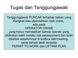 Tugas dan Tanggungjawab
Tanggungjawab PUNCAK terhadap beban yang
diangkat atau dipindahkan oleh crane,
ada pada
OPERATOR CRANE
yang harus memastikan bahwa operasi yang
dilakukan telah melalui risk asssessment dan telah
dibahas sebelumnya di toolbox talk/meeting,
serta bahwa telah tersedia
PERMIT TO WORK dan LIFTING PLAN
 