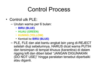 Control Process
• Control utk PLE:
– Urutan warna per 6 bulan:
• BIRU (BLUE)
• HIJAU (GREEN)
• KUNING (YELLOW)
• Kembali ke BIRU (BLUE)
– PLE, FLE dan alat bantu angkat lain yang di-REJECT
setelah diuji sebelumnya, HARUS dicat warna PUTIH
dan tersimpan di tempat khusus (karantina) di dalam
rigging loft dan diberi label “JANGAN DIGUNAKAN
(DO NOT USE)” hingga peralatan tersebut diperbaiki
atau diganti.
 