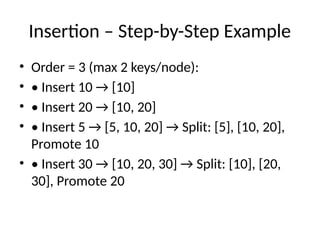 Insertion – Step-by-Step Example
• Order = 3 (max 2 keys/node):
• • Insert 10 → [10]
• • Insert 20 → [10, 20]
• • Insert 5 → [5, 10, 20] → Split: [5], [10, 20],
Promote 10
• • Insert 30 → [10, 20, 30] → Split: [10], [20,
30], Promote 20
 