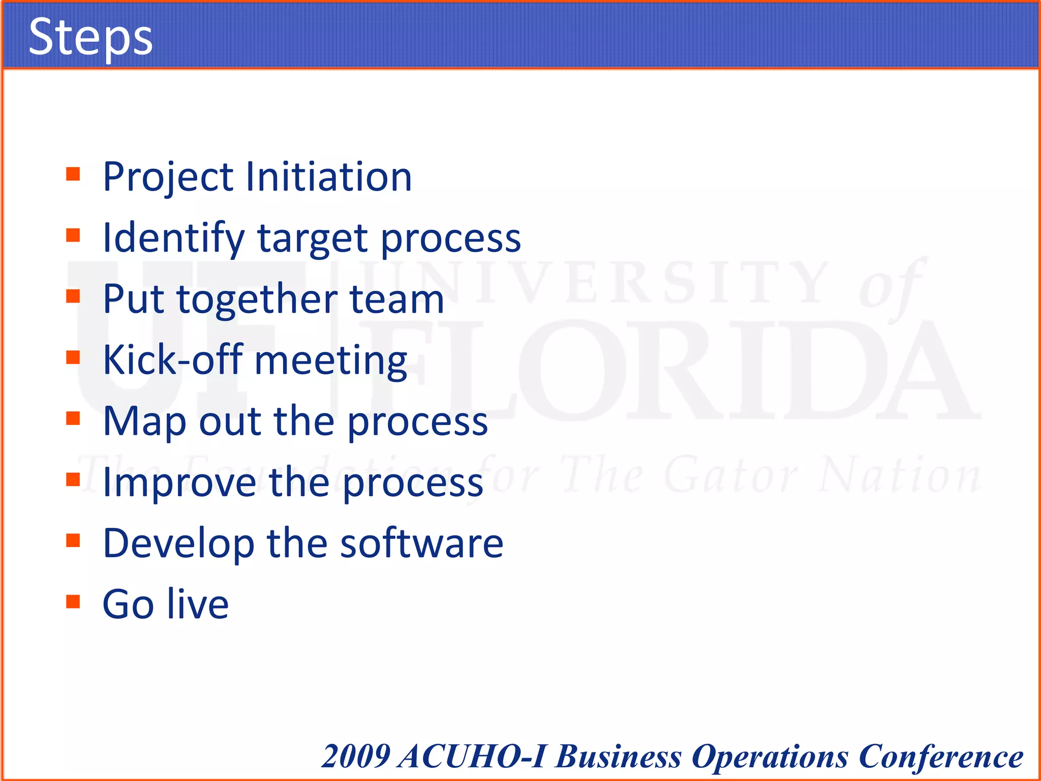 StepsProject InitiationIdentify target processPut together teamKick-off meetingMap out the processImprove the processDevelop the softwareGo live 