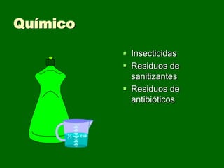 Químico

           Insecticidas
           Residuos de
            sanitizantes
           Residuos de
            antibióticos
 