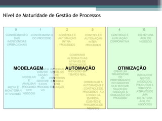 Nível de Maturidade de Gestão de Processos

      0               1               2               3              4              5
 CONHECIMENTO     CONHECIMENTO   CONTROLE E      CONTROLE E       CONTROLE E    ESTRUTURA
       DAS         DO PROCESSO   AUTOMAÇÃO       AUTOMAÇÃO        AVALIAÇÃO       ÁGIL DE
  INEFICIÊNCIAS                     INTRA-          INTER-       CORPORATIVA     NEGÓCIO
  OPERACIONAIS                    PROCESSOS       PROCESSOS


                                         COMPARAR
                                       ALTERNATIVAS
                                         ATRAVÉS DE
                                        TÉCNICAS DE
     MODELAGEM     INICIAR A INTEGRARAUTOMAÇÃO
                                       OTIMIZAÇÃO DE                 OTIMIZAÇÃO
                    IDENTIFI MODELOS    PROCESSO EM                CRIAR UM
                     CAÇÃO       DE     TEMPOS REAL               FRAMEWORK      INOVAR EM
           MODELAR     DE    PROCESSOS                                 DE          NOVOS
               E   GESTORE E REGRAS                              PERFORMANCE
                                                  DISSEMINAR A                   NEGÓCIOS,
           ANALISAR S DOS       COM                               DO NEGÓCIO
                                                  AUTOMAÇÃO E     QUE INTEGRE   PRODUTOS E
 MEDIR E PROCESSO PROCESS EXECUÇÃO                CONTROLE DE                     SERVIÇOS
             S DE      OS                                          VALOR DO
MONITORAR                                        PROCESSOS AO                   ATRAVÉS DE
                                                                   NEGÓCIO À
ATIVIDADES NEGÓCIO                                  LONGO DA     EXECUÇÃO DO        UMA
                                                     EMPRESA,      PROCESSO     ESTRUTURA
                                                    CLIENTES E                     ÁGIL DE
                                                  PARCEIROS DE                    NEGÓCIOS
                                                     NEGÓCIO
 