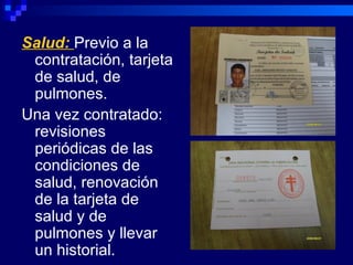Salud: Previo a la
 contratación, tarjeta
 de salud, de
 pulmones.
Una vez contratado:
 revisiones
 periódicas de las
 condiciones de
 salud, renovación
 de la tarjeta de
 salud y de
 pulmones y llevar
 un historial.
 