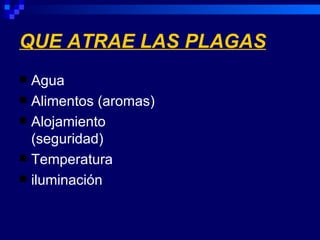 QUE ATRAE LAS PLAGAS
 Agua
 Alimentos (aromas)
 Alojamiento
  (seguridad)
 Temperatura
 iluminación
 