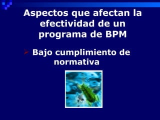 Aspectos que afectan la
   efectividad de un
  programa de BPM
 Bajo cumplimiento de
      normativa
 
