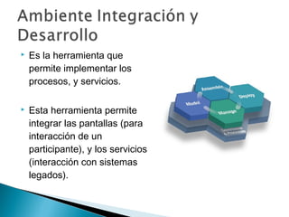  Es la herramienta que
permite implementar los
procesos, y servicios.
 Esta herramienta permite
integrar las pantallas (para
interacción de un
participante), y los servicios
(interacción con sistemas
legados).
 