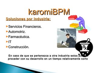 Soluciones por Industria:Soluciones por Industria:
►Servicios Financieros.Servicios Financieros.
►Automotriz.Automotriz.
►Farmacéutica.Farmacéutica.
►ITIT
►Construcción.Construcción.
En caso de que se pertenezca a otra industria estos puedenEn caso de que se pertenezca a otra industria estos pueden
proceder con su desarrollo en un tiempo relativamente cortoproceder con su desarrollo en un tiempo relativamente corto
karomiBPMkaromiBPM
 