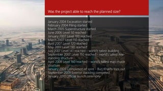 Was the project able to reach the planned size?
January 2004 Excavation started
February 2004 Piling started
March 2005 Superstructure started
June 2006 Level 50 reached
January 2007 Level 100 reached
March 2007 Level 110 reached
April 2007 Level 120 reached
May 2007 Level 130 reached
July 2007 Level 141 reached - world's tallest building
September 2007 Level 150 reached - world's tallest free-
standing structure
April 2008 Level 160 reached - world's tallest man-made
structure
January 2009 Completion of spire - Burj Khalifa tops out
September 2009 Exterior cladding competed
January 2010 Official launch ceremony
 