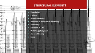 STRUCTURAL ELEMENTS
 Foundation
 Podium
 Broadcast Floors
 Mechanical, Electrical & Plumbing
 Fire Safety
 Elevators & Lifts
 Water supply system
 Air conditioning
 Spire
 