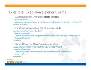 Listeners: Execution Listener Events!
  •  Event: Execution (Workﬂow) starts or ends!
  <extensionElements>
    <activiti:executionListener class=“org.alfresco.example.ExecutionEventLogger" event=“start” />
  </extensionElements>!

  •  Event: Activiti (Workﬂow Node) starts or ends!
  <userTask id=“theTask” name=“The Task” >
    <extensionElements>
       <activiti:executionListener delegateExpression=“${executionEventLogger}" event=“end” />
    </extensionElements>
  </userTask>!

  •  Event: Sequence Flow (Transition) is taken!
  <sequenceFlow id=“theFlow” sourceRef=“theTask” targetRef=“theEnd” >
    <extensionElements>
       <activiti:executionListener expression=“${logger.info(execution.eventName)}" />
    </ sequenceFlow >
  </userTask>
 
