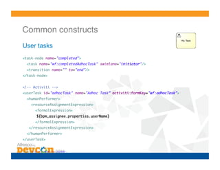 Common constructs!
User tasks
<task-node name="completed">	
      <task name="wf:completedAdhocTask" swimlane="initiator"/>	
      <transition name="" to="end"/>	
</task-node>	


<!-- Activiti -->	
<userTask id="adhocTask" name="Adhoc Task” activiti:formKey="wf:adhocTask">	
      <humanPerformer>	
             <resourceAssignmentExpression>	
                    <formalExpression>	
    		             	${bpm_assignee.properties.userName}	
                    </formalExpression>	
         </resourceAssignmentExpression>	
      </humanPerformer>	
</userTask>	


<sequenceFlow id='flow2’ sourceRef='adhocTask’ targetRef='verifyTaskDone' />
 