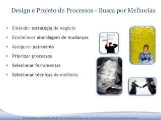 Design e Projeto de Processos - Busca por Melhorias

§  Entender estratégia de negócio

§  Estabelecer abordagem de mudanças

§  Assegurar patrocínio

§  Priorizar processos

§  Selecionar ferramentas

§  Selecionar técnicas de melhoria




        Este material e conteúdo são de uso exclusivo da Enjourney. Caso deseje reproduzi-los entre em contato.
 