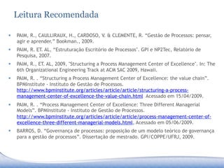 Leitura Recomendada

§    PAIM, R., CAULLIRAUX, H., CARDOSO, V. & CLEMENTE, R. “Gestão de Processos: pensar,
      agir e aprender.” Bookman., 2009.
§    PAIM, R. ET. AL, “Estruturação Escritório de Processos". GPI e NP2Tec, Relatório de
      Pesquisa, 2007.
§    PAIM, R., ET. AL, 2009, "Structuring a Process Management Center of Excellence". In: The
      6th Organizational Engineering Track at ACM SAC 2009, Hawaii.
§    PAIM, R. . “Structuring a Process Management Center of Excellence: the value chain”.
      BPMInstitute - Instituto de Gestão de Processos.
      http://www.bpminstitute.org/articles/article/article/structuring-a-process-
      management-center-of-excellence-the-value-chain.html Acessado em 15/04/2009.
§    PAIM, R. . “Process Management Center of Excellence: Three Different Managerial
      Models”. BPMInstitute - Instituto de Gestão de Processos.
      http://www.bpminstitute.org/articles/article/article/process-management-center-of-
      excellence-three-different-managerial-models.html, Acessado em 05/06/2009.
§    BARROS, D. “Governança de processos: proposição de um modelo teórico de governança
      para a gestão de processos”. Dissertação de mestrado. GPI/COPPE/UFRJ, 2009.
 